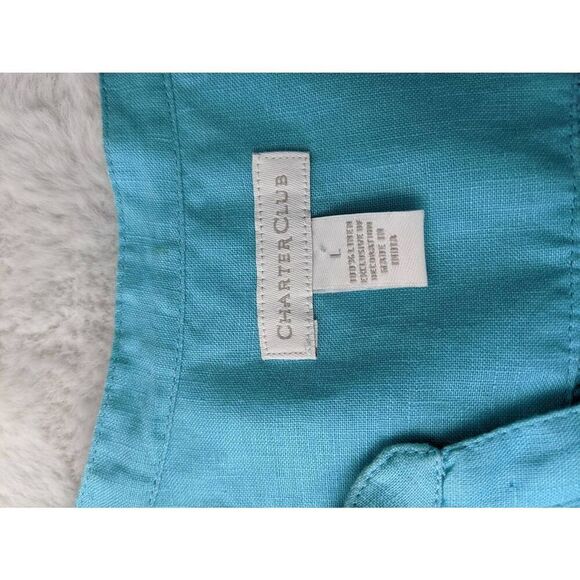 Charter Club Blue 100% Linen Button Up Roll Tab Blouse Sz L Large Pintuck Pleats - Picture 4 of 6